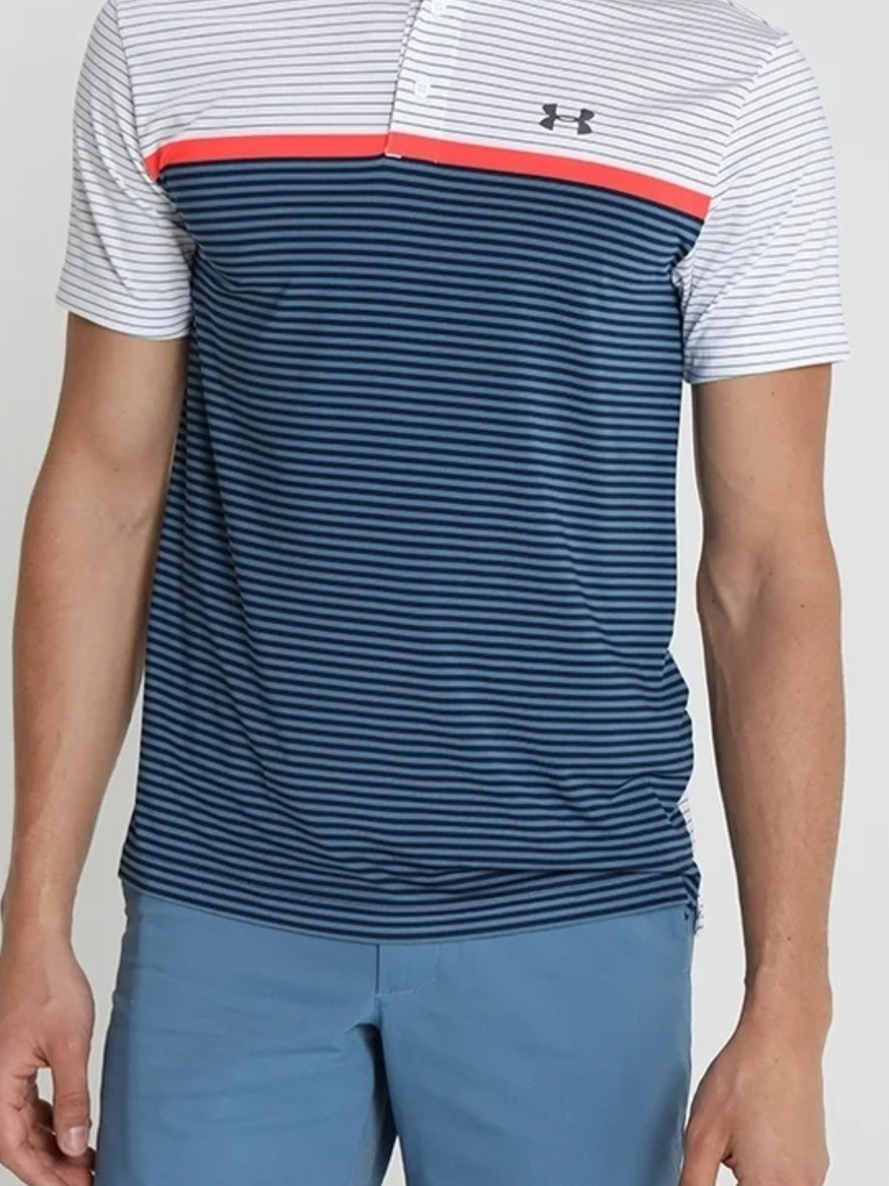 Under Armour Heatgear Men's White Navy & Coral Striped Performance Polo